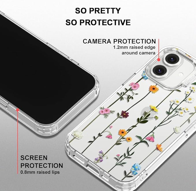 MOSNOVO Case for iPhone 16, [Buffertech 6.6ft Military-Grade Drop Protection] [Anti Peel Off Tech] Clear TPU Bumper Phone Case Cover Design - Wildflowers