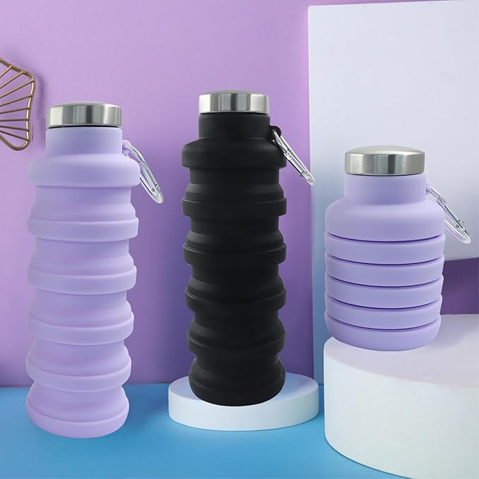 2 Pcs Silicone Collapsible Water Bottle, 17oz(500ml) Portable and Lightweight Travel Water Bottle Silicone Foldable Water Bottles(Black+Purple)