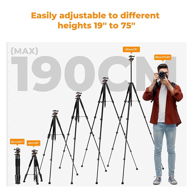 K&F CONCEPT 75 inch/190cm Camera Tripod,Lightweight Travel Outdoor DSLR Tripods with 360 Degree Ball Head Load Capacity 8kg/17.6lbs,Cellphone Clip and Remote Control for Smartphone S255A3+BH-36