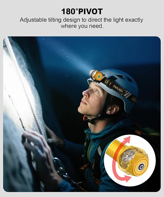 High Lumens LED Rechargeable Headlamp for Adults - Hard Hat Light Running Head Lamp with Red Light, Magnet, 180° Tilt, 7 Modes, Detachable Flashlight & Headband, Outdoor, Emergency 2PC, Gold