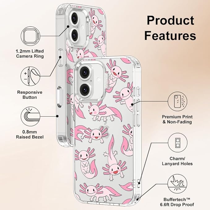 MOSNOVO Case for iPhone 16 Plus, [Buffertech 6.6ft Military-Grade Drop Protection] [Anti Peel Off Tech] Clear TPU Bumper Phone Case Cover Design - Pink Axolotl