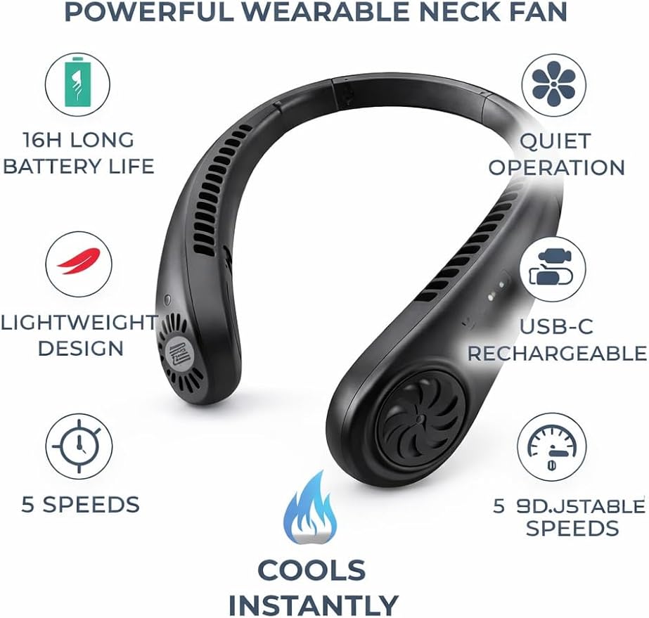Portable Neck Fan, Bladeless Neck Fan with 5 Speeds, Hands-Free Wearable Fan, USB Rechargeable Personal Cooling Fan, Quiet Lightweight for Travel, Outdoor Use