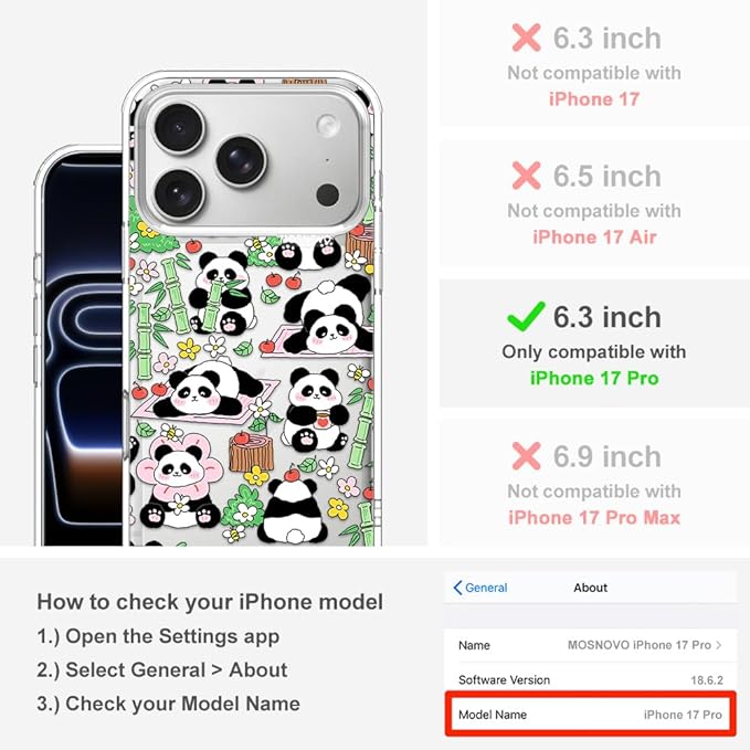 MOSNOVO for iPhone 17 Pro Case, Shockproof Military-Grade Protection 6.6ft Drop Tested, Camera Control, Clear Phone Case for iPhone 17 Pro, Kawaii Panda Garden Design