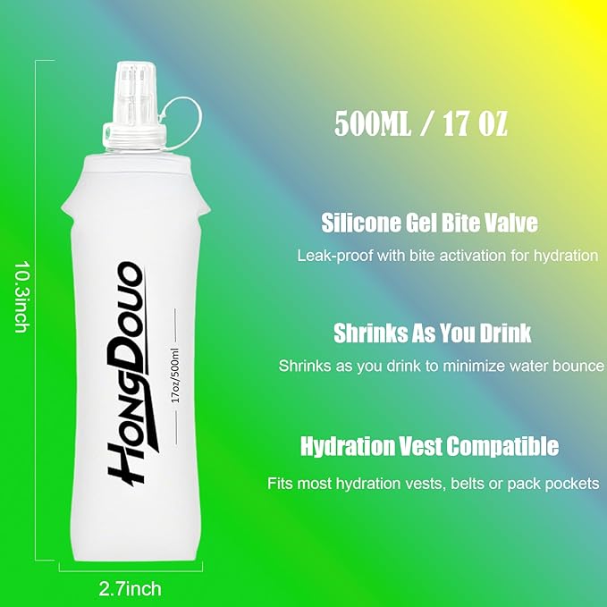 2PCS Running Vest Soft Flask, BPA-Free Soft Flasks 17oz/500ml TPU Collapsible Water Bottle for Hydration Backpack, Folding Running Water Bottles for Marathon Hiking Cycling Climbing