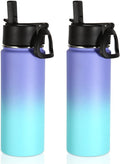 Volhoply 18oz Insulated Water Bottle Bulk 2 Pack,Kids Stainless Steel Water Bottles with Straw Lid,Double Wall Vacuum Metal Cups,Wide Mouth Reusable Sports Flask For Cold Drink(Purple Blue,2 Set)