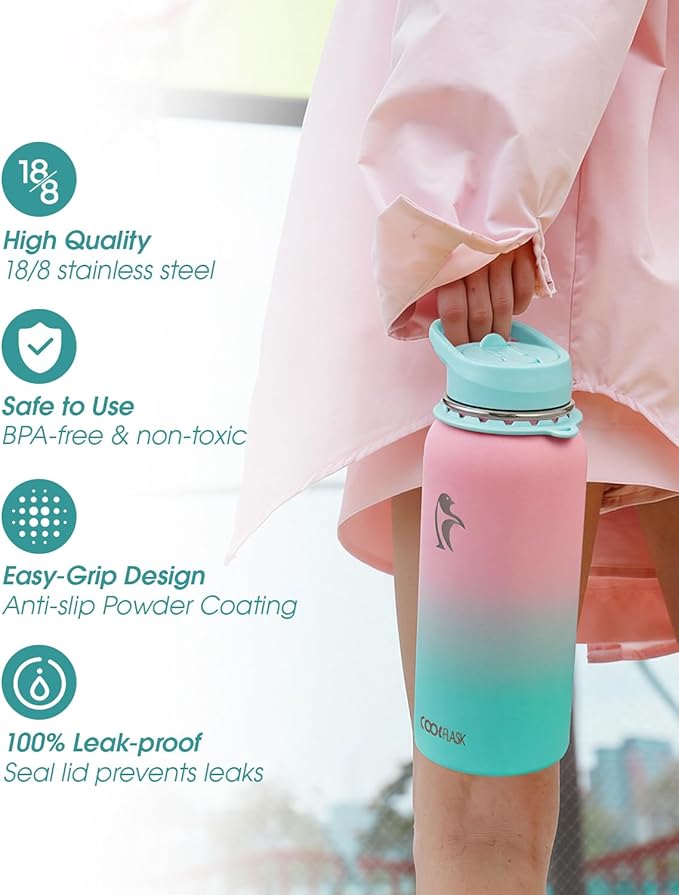 Coolflask Water Bottle with Straw, 32 oz Insulated Metal Water Flask with Straw & Spout Lids, Stainless Steel Double Wall Vacuum, Keep Cold 48h Hot 24h, Leak Proof, BPA-Free, Bubblegum Princess