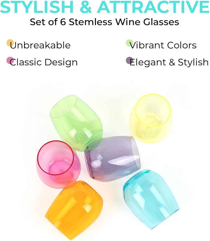 Premium Unbreakable Stemless Wine Glasses – Set of 6 BPA-Free Shatterproof Reusable Plastic Acrylic Wine Glasses | Elegant Crystal-Clear Wine Cups for Outdoor, Wedding, Home Bar Mothers Day Gifts
