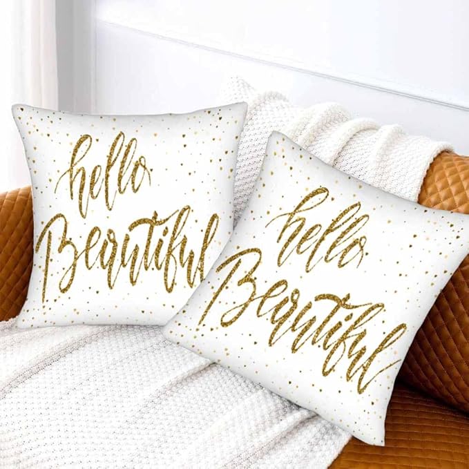 Hello Beautiful Bling Pillow Covers 18 X 18 Gold Glitter Motivational Quote Set of 2 Pillow Cases Square Velvet Outdoor Throw Cushion Pillowcases Decorative for Home Bed Sofa Couch Hotel