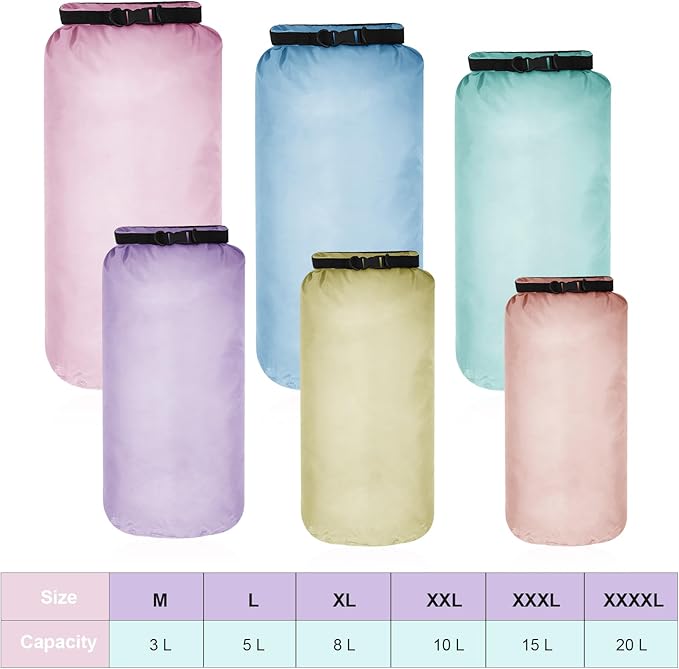 Shappy 6 Pcs Waterproof Dry Bag Set Ultralight Stuff Sack 20/15/10/8/5/3L Backpacking Bag with Long Adjustable Strap Outdoor Keep Gear Dry Sack for Camping Kayaking Boating Hiking Travel