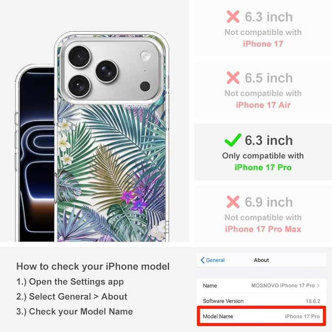 MOSNOVO for iPhone 17 Pro Case | Military Grade 6.6ft Drop Tested | Camera Control | Clear with Tropical Rainforests Design