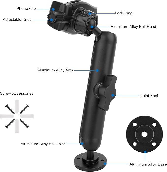 Mippko Wall Mount Phone Holder for Truck/Car/Boat/Wall/Desk,Compatible with 3.5~7.5 inch iPhone/Nexus/HTC/LG/Huawei/Smart Phones,360°Adjustment Aluminium Alloy Arm Drilling Base Mount