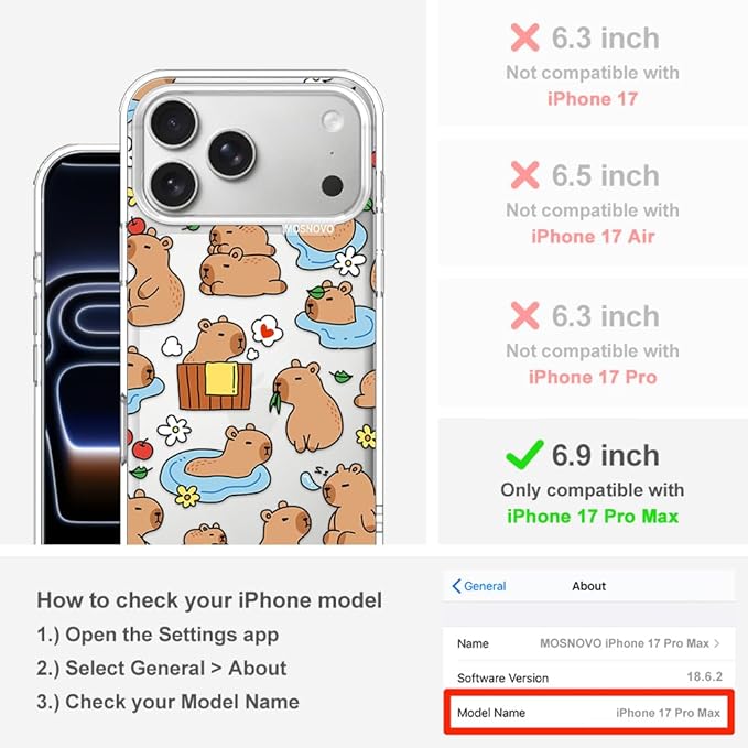 MOSNOVO for iPhone 17 Pro Max Case, Shockproof Military-Grade Protection 6.6ft Drop Tested, Camera Control, Clear Phone Case for iPhone 17 Pro Max, Capybara Land Design