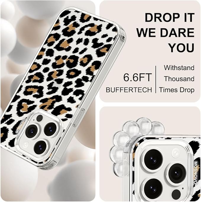 MOSNOVO Case for iPhone 15 Pro, [Buffertech 6.6ft Military-Grade Drop Protection] [Anti Peel Off Tech] Clear TPU Bumper Phone Case Cover Design - Leopard Print