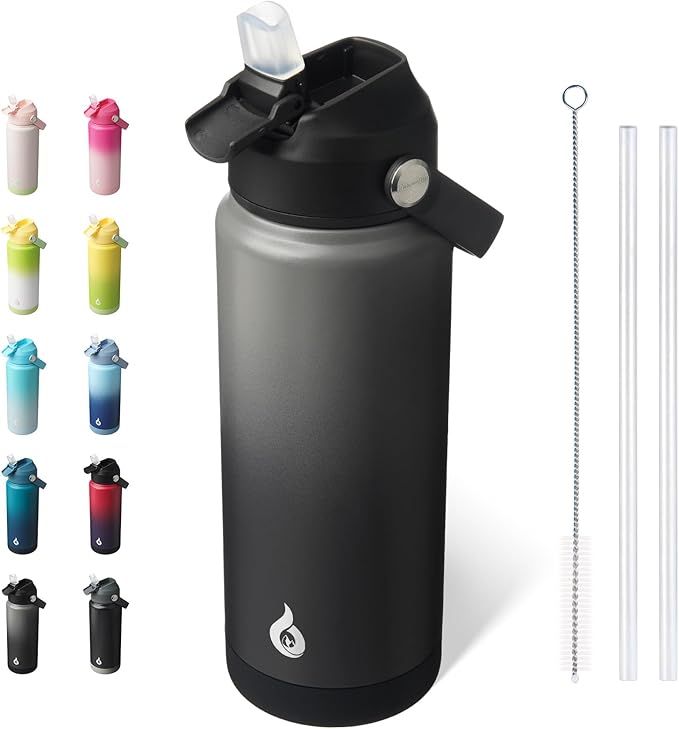 BJPKPK Water Bottle with Straw Lid, 24oz Vacuum Insulated Water Bottles, Metal Stainless Steel Thermo for Sports, Travel, BPA Free Leak Proof Thermo, Cups, Flasks, Tumblers,Black Grey