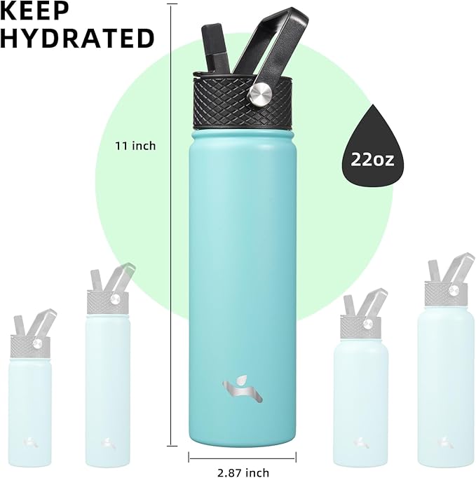 Konokyo 22oz Stainless Steel Bottles with 3 Lids Sport Insulated Water Bottle,Turquoise