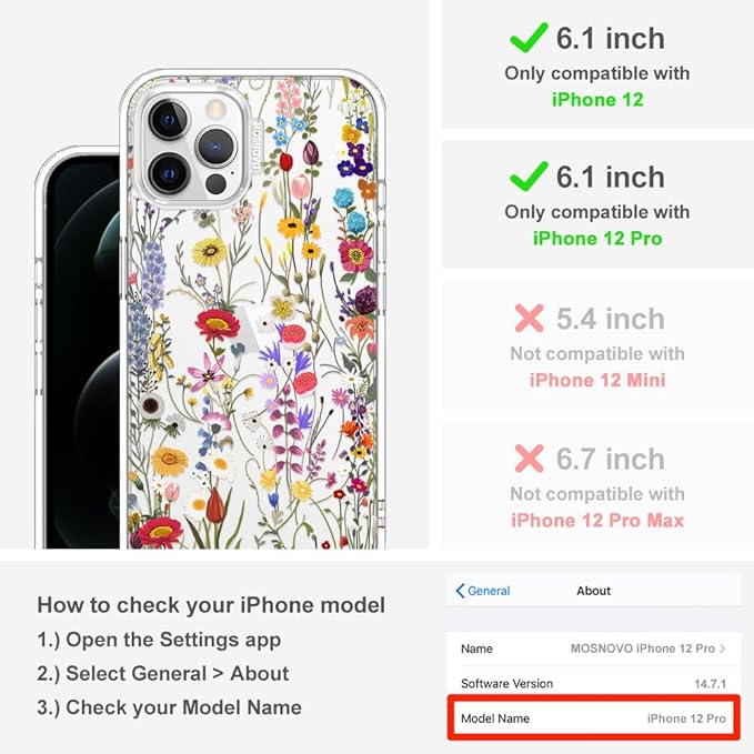 MOSNOVO Case for iPhone 12 & iPhone 12 Pro, [Buffertech 6.6ft Military-Grade Drop Protection] [Anti Peel Off Tech] Clear TPU Bumper Phone Case Cover Design - Wildflower Meadow