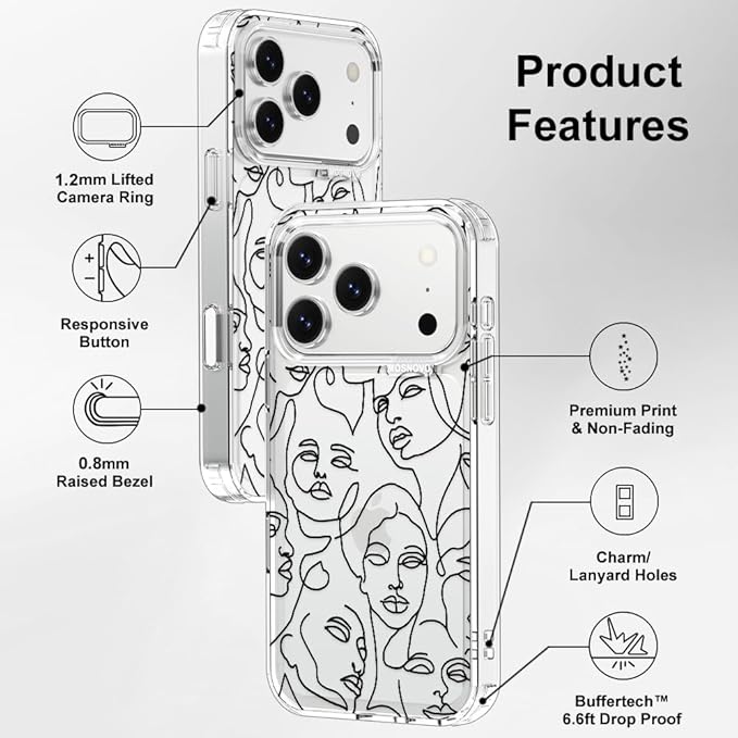 MOSNOVO for iPhone 17 Pro Case | Military Grade 6.6ft Drop Tested | Camera Control | Clear with Abstract Face Line Art Design