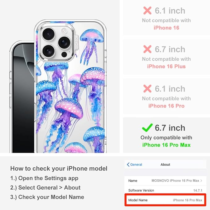 MOSNOVO for iPhone 16 Pro Max Case, Shockproof Military-Grade Protection 6.6ft Drop Tested, Clear Phone Case for iPhone 16 Pro Max, Mystic Jellyfish Design