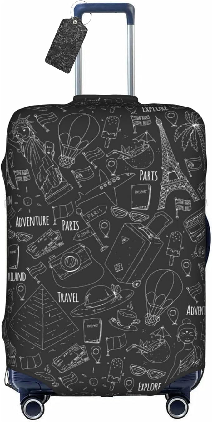 World Marks Luggage Cover for Suitcase and Luggage Tag Combination, Elastic Washable Anti-Scratch, Travel Adventure Explore Birthday Gift for Men Women(S 18-21 Inch Luggage)