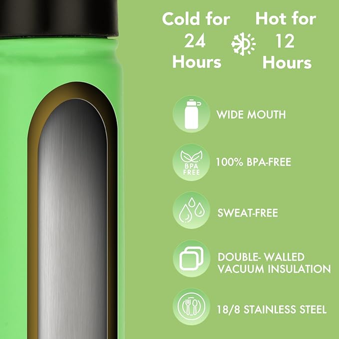 mininoo 24 oz Insulated Water Bottle with Straw, Stainless Steel Double Wall Vacuum with Straw Lid & Chug Lid, Leak Proof, BPA Free, Keep Cold for 24H & Hot for 12H(Green)