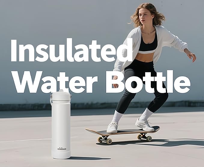 mininoo Insulated Stainless Steel Water Bottle with Straw, BPA-Free & Leak-Proof, 24 oz, White