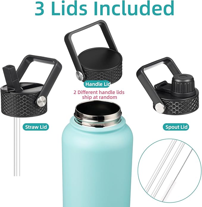 Konokyo 32 oz Insulated Water Bottle Stainless Steel Sport Bottles with 3 Lids,Turquoise