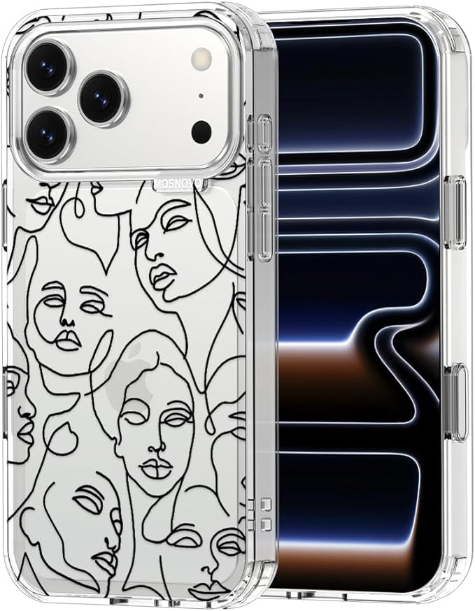 MOSNOVO for iPhone 17 Pro Max Case | Military Grade 6.6ft Drop Tested | Camera Control | Clear with Abstract Face Line Art Design