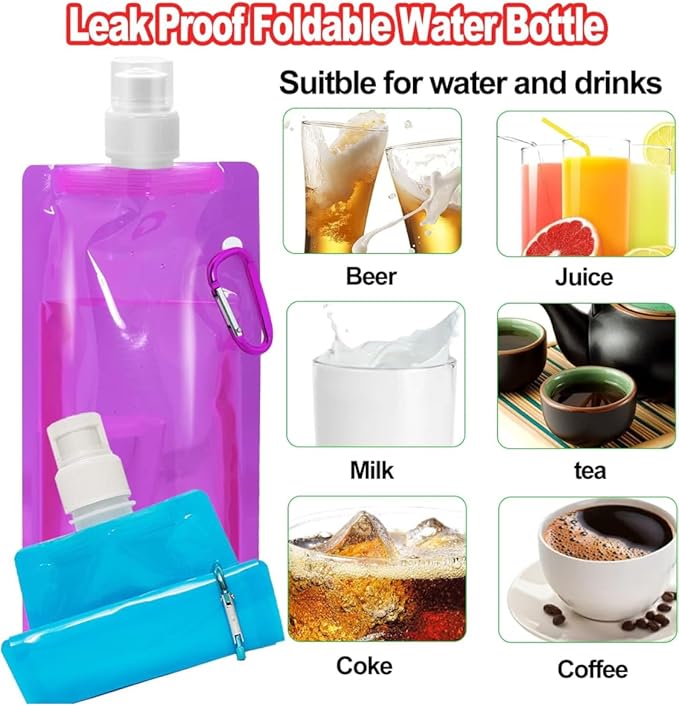 Funiverse Bulk 20-Pack 16 oz Collapsible Water Bottles - 5 Assorted Colors (Black, Green, Blue, Red, Orange) Foldable Travel Bottles for Sports, Gym, Camping, Party Favors & Gifts