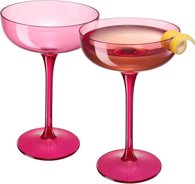 Khen Acrylic Shatterproof Martini, Margarita, Champagne & Cocktail Unbreakable Glasses | Set of 2 | 15oz Large Plastic Coupe Glasses, Tritan Drinkware, BPA-Free, Reusable, Pool (Pink)