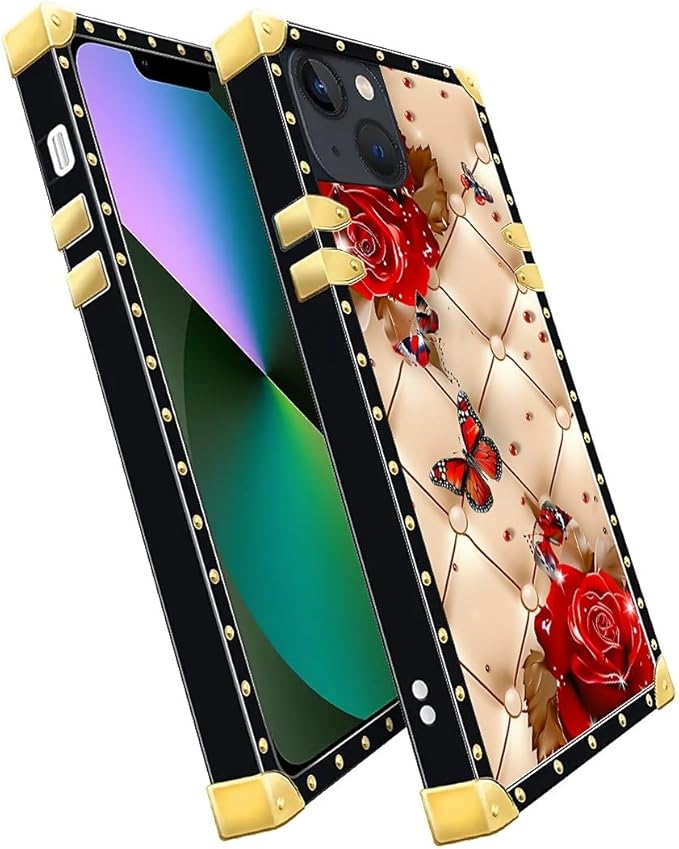 Compatible with iPhone 13 Case, Shining Red Rose Butterfly Leather Background Luxury Golden Decoration for Girl Women Soft TPU Shockproof Protective Hard PC Back for iPhone 13