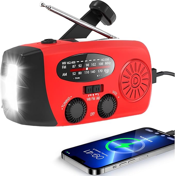 Hand Crank Emergency Radio, AM/FM/NOAA Weather Radio with 2000mAh Battery Operated, Solar Powered & USB Charging, Flashlight, Reading Light,SOS Alarm, Headphone Jack for Outdoor Indoor