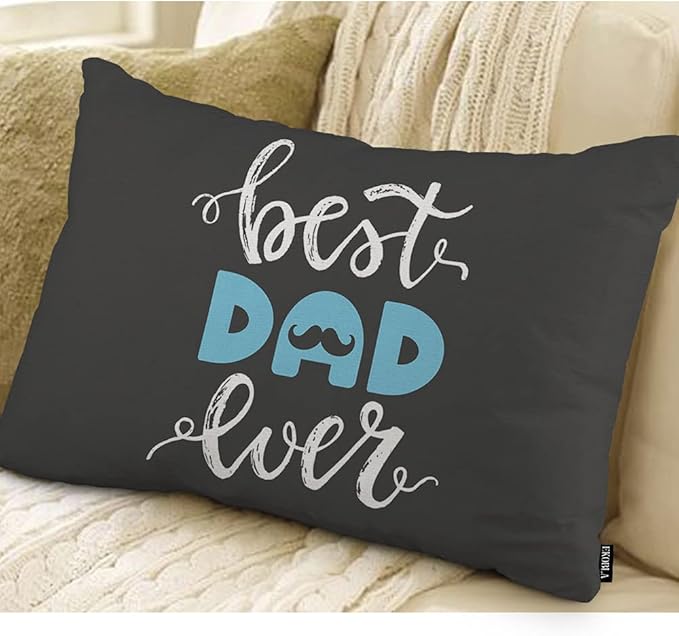 EKOBLA Happy Father's Day Lumbar Pillow Cases Best Dad Ever Mustache Beard Calligraphy Blue Black White Decorative Throw Pillow Cover Rectangle Cushion Covers Cotton Linen 12x20 Inch for Men Women