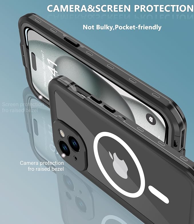 for iPhone 15 Case Waterproof,Shockproof Dustproof IP68 Waterproof iPhone 15 Case Built-in Screen Protector Charging Magnetic Ring for iPhone 15 Cover Black