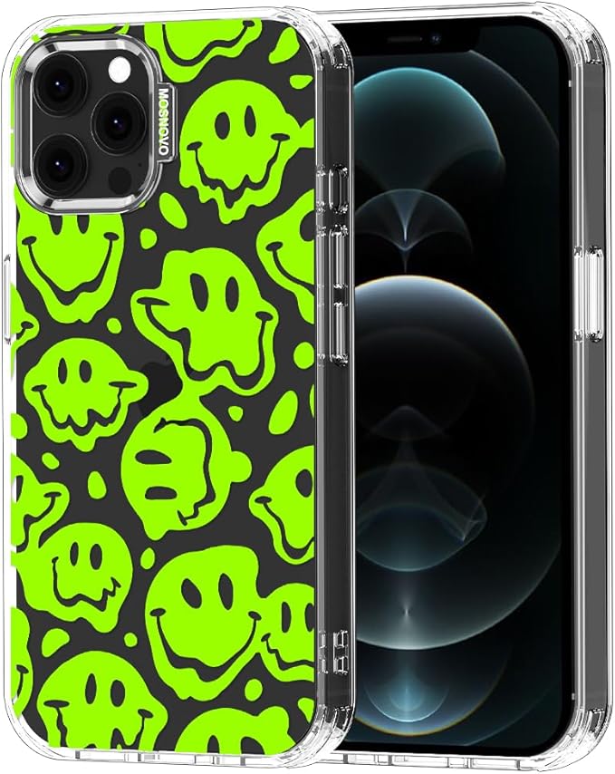 MOSNOVO Case for iPhone 12 & iPhone 12 Pro, [Buffertech 6.6ft Military-Grade Drop Protection] [Anti Peel Off Tech] Clear TPU Bumper Phone Case Cover Design - Distorted Green Smiles Face