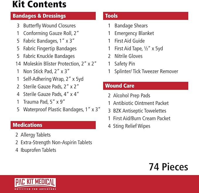 Pac-Kit Trailblazer 2 Outdoor First Aid Kit for Hiking, Camping and Outdoor Travel, 74 Pieces