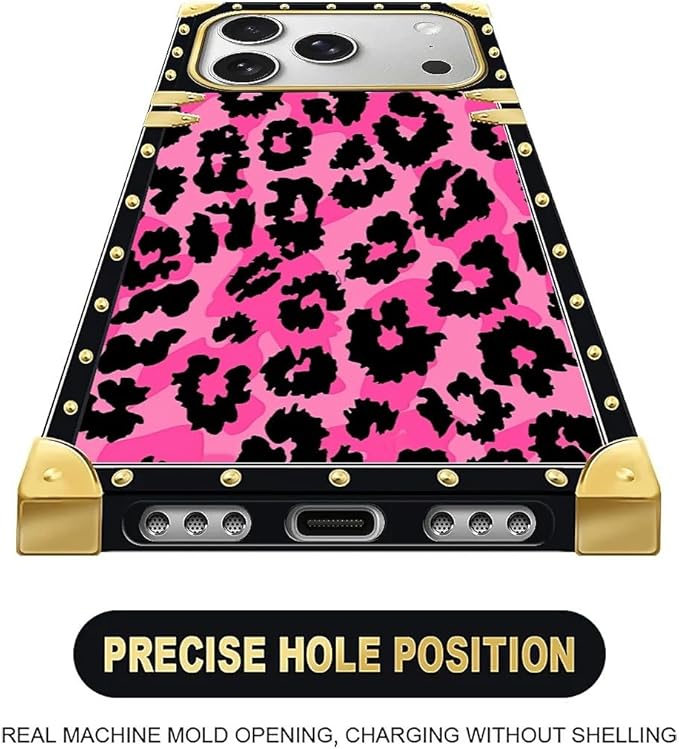 for iPhone 17 Pro Case Luxury Golden Decoration for Girl Women Soft TPU Shockproof Protective Hard PC Back for iPhone 17 Pro Crazy Pattern Pink Black Leopard