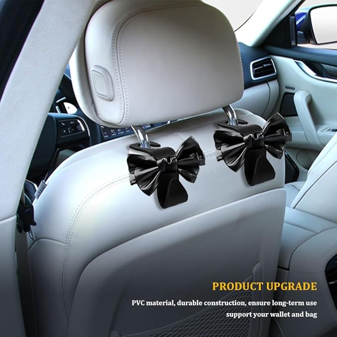 2PCS Car Hooks for Purses and Bags, Cute Bow Car Seat Headrest Hook, Car Accessories Multipurpose Back Seat Hanger Storage Organize Universal for Vehicles (2PCS-Black Bowknot)