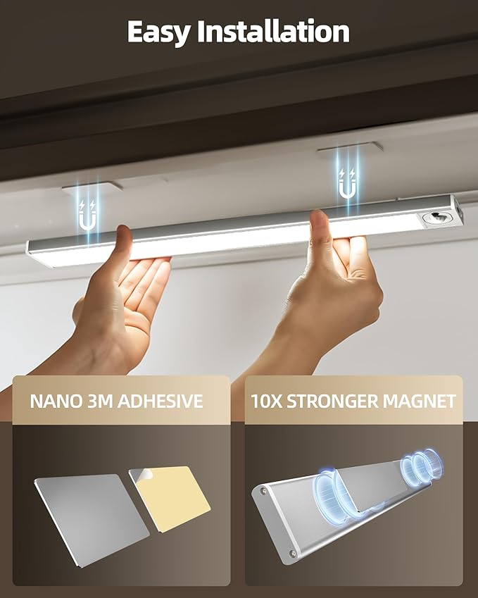 2Pack 16inch Under Cabinet Lighting, Rechargeable Motion Sensor Light Indoor, Dimmable 3 Color Temps Closet Lights with IR Remote, Under Counter LED Lights for Kitchen, Stairs