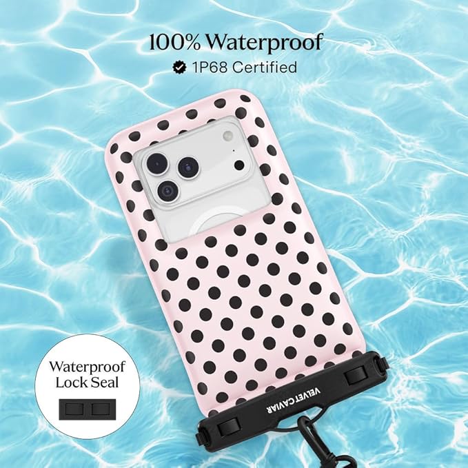 VELVET CAVIAR Waterproof Phone Pouch with Lanyard | IP68 Floating Case for iPhone & All Phones | Dry Bag for Snorkeling, Beach, Kayaking | Travel & Cruise Essentials for Women (Pink Polka Dot)