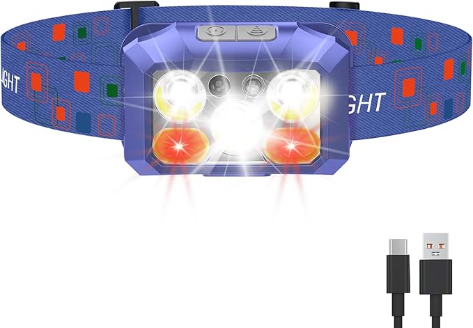 Headlamp Rechargeable LED, 800 Lumens with Red & White Light, 8 Modes, Motion Sensor, USB-C Charging, IPX4 Waterproof (1, Blue)
