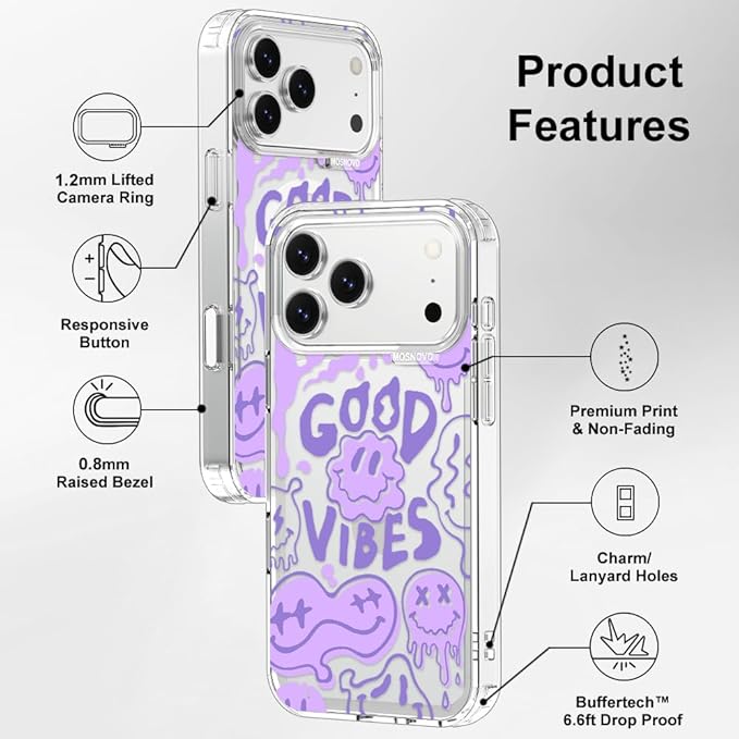 MOSNOVO for iPhone 17 Pro Max Case | Military Grade 6.6ft Drop Tested | Camera Control | Clear with Good Vibes Design