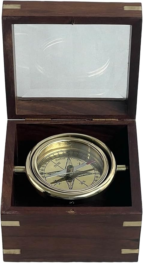 Brass Gimballed Compass in Wooden Box – Antique Nautical Decor & Functional Navigation Tool, 12 x 12 x 9 cm