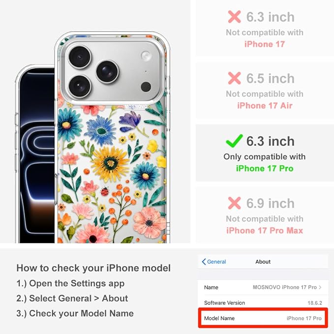 MOSNOVO for iPhone 17 Pro Case, Shockproof Military-Grade Protection 6.6ft Drop Tested, Camera Control, Clear Phone Case for iPhone 17 Pro, Wildflower Bloom Design