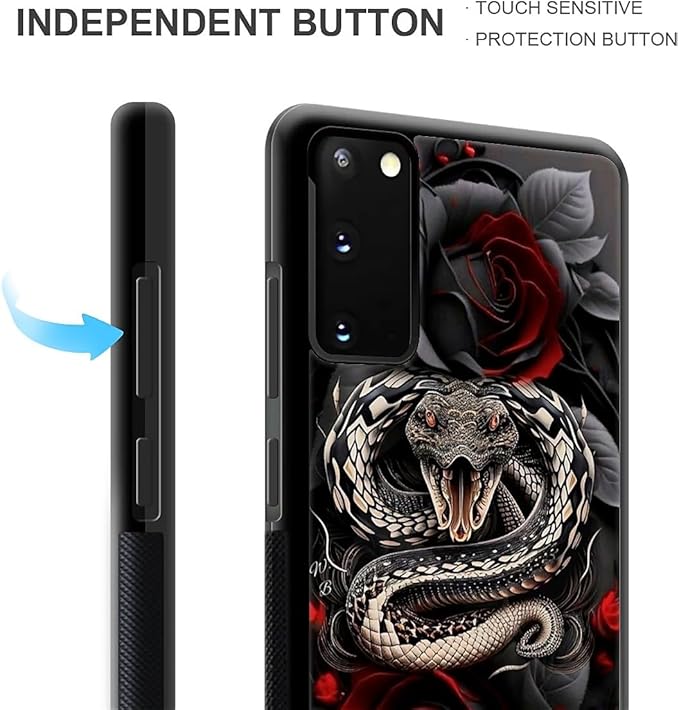 for Samsung Galaxy S20 Case, Entwined Rose Snake Pattern Graphic Design Girl Boy Soft Silicone Hard Acrylic Shock Protection for Samsung Galaxy S20