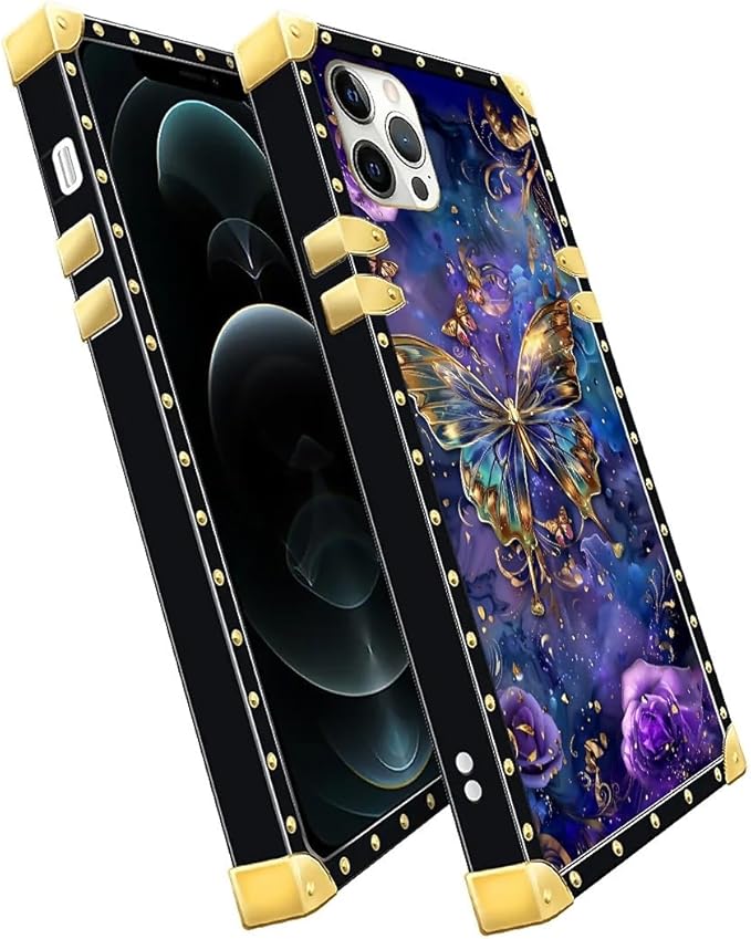 Compatible with iPhone 11 Pro Max Case, Glistening Golden Butterfly Vibrant Purple Blue Luxury Golden Decoration for Girl Women Soft TPU Shockproof Protective Hard PC Back