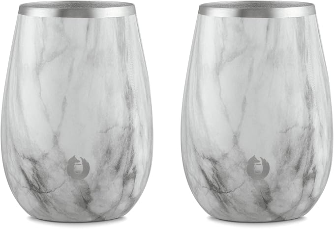 SNOWFOX Premium Vacuum Insulated Stainless Steel Classic White Wine Glass, Set of 2, Chilled Wine Stays Icy Cold, Lightweight Stemless Cocktail Glasses, Elegant Home Entertaining Barware, 8oz, Marble