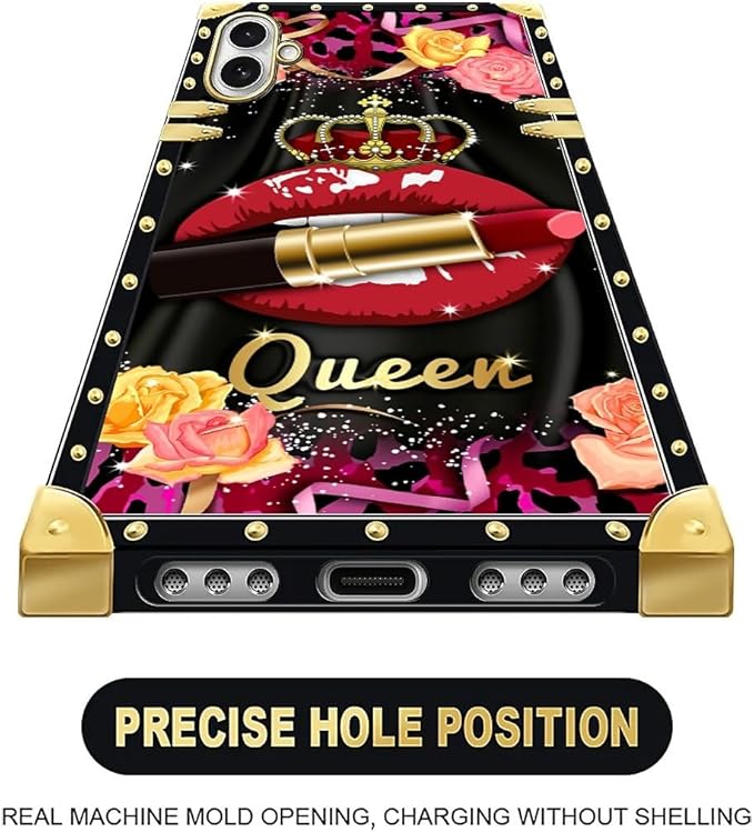 for iPhone 17 Case Luxury Golden Decoration for Girl Women Soft TPU Shockproof Protective Hard PC Back for iPhone 17 Crazy Pattern Queen Lip Crown Leopard Print