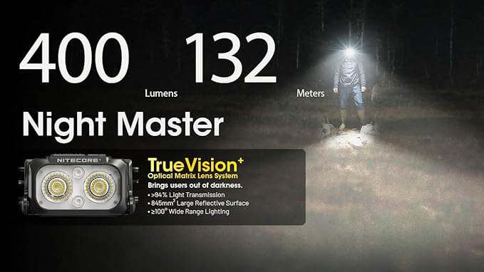 Nitecore NU25 MCT UL 400 Lumen Ultralight USB-C Rechargeble Outdoor Headlamp with Multiple Color Temperatures Warm Natural, Cold Lights and Red Light (Elastic Cord, Black)