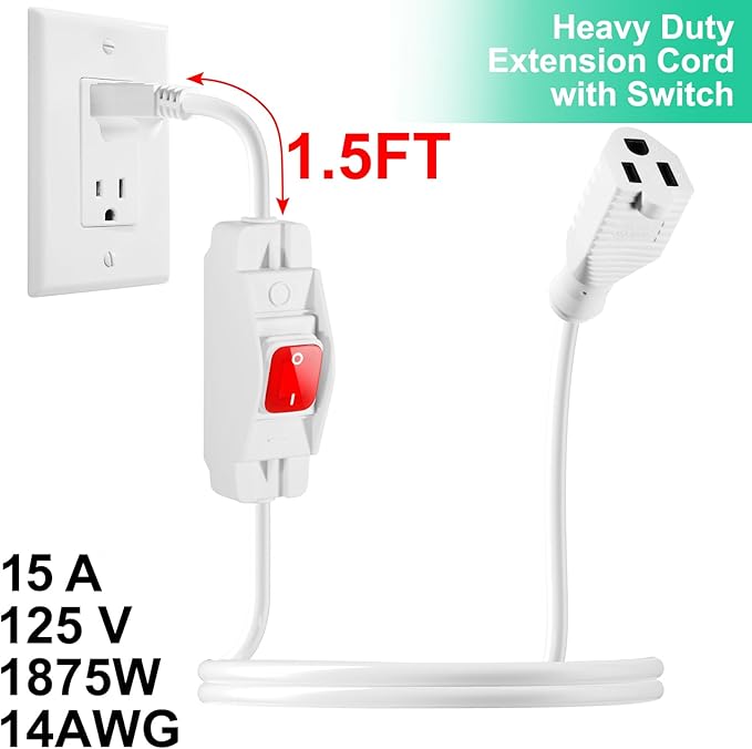 Outdoor Waterproof On/Off Switch Extension Cord, Heavy Duty 125v/250v Black SJTW Cord (3 Ft, White)