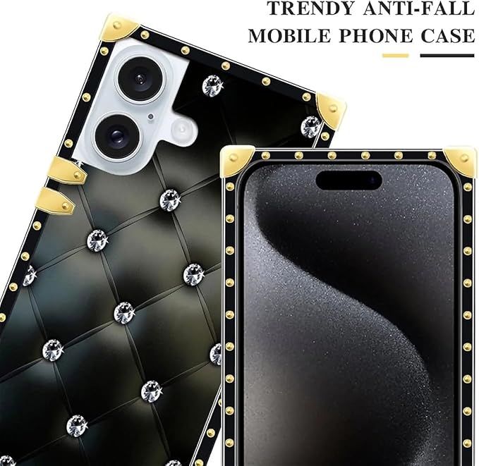 Compatible with iPhone 16 Case, Shiny Black Sofa Crystal Luxury Golden Decoration for Girl Women Soft TPU Shockproof Protective Hard PC Back